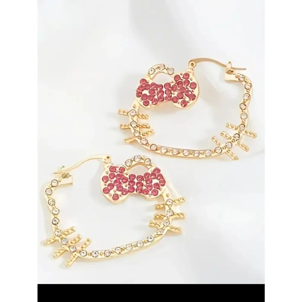Gold Hello Kitty Rhinestone Hoop Earrings